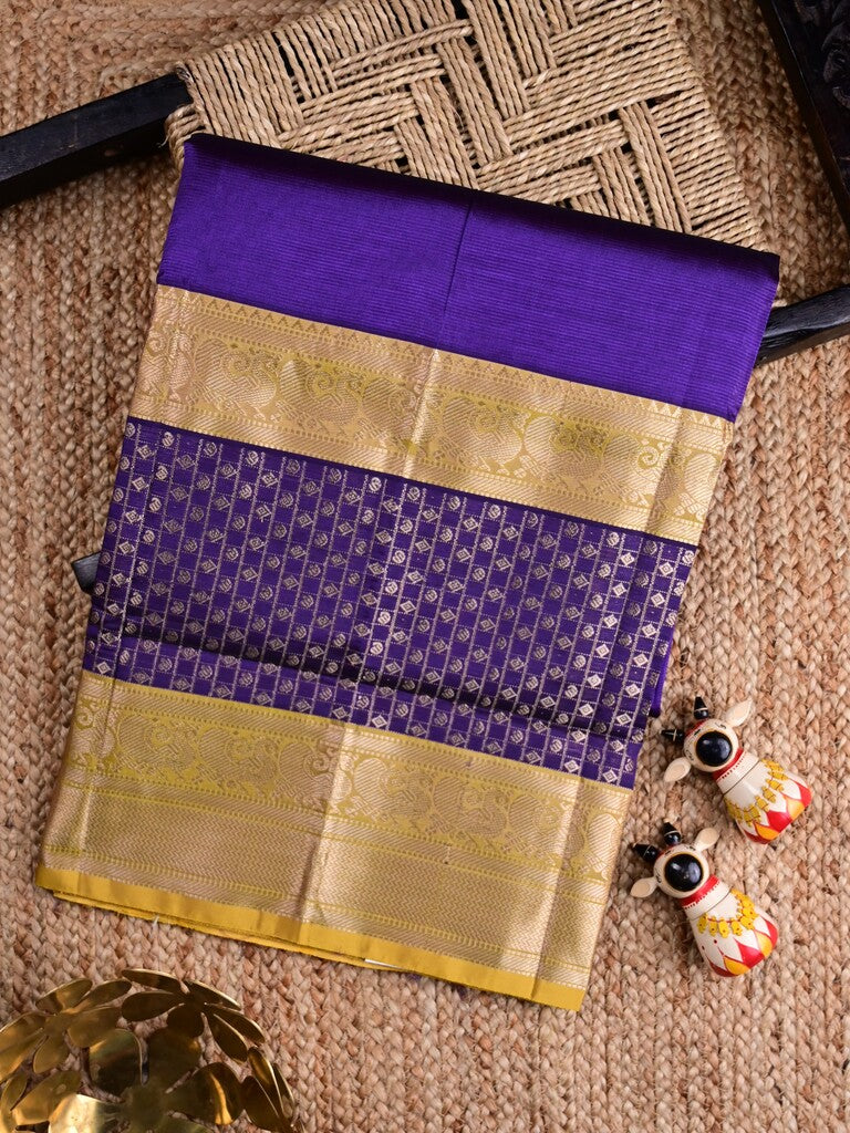 Mangalagiri fancy saree royal blue color allover plain & zari border with stripes pallu and contrast plain blouse