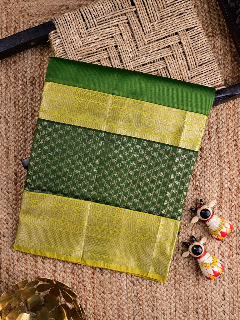 Mangalagiri fancy saree leaf green color allover plain & zari border with stripes pallu and contrast plain blouse