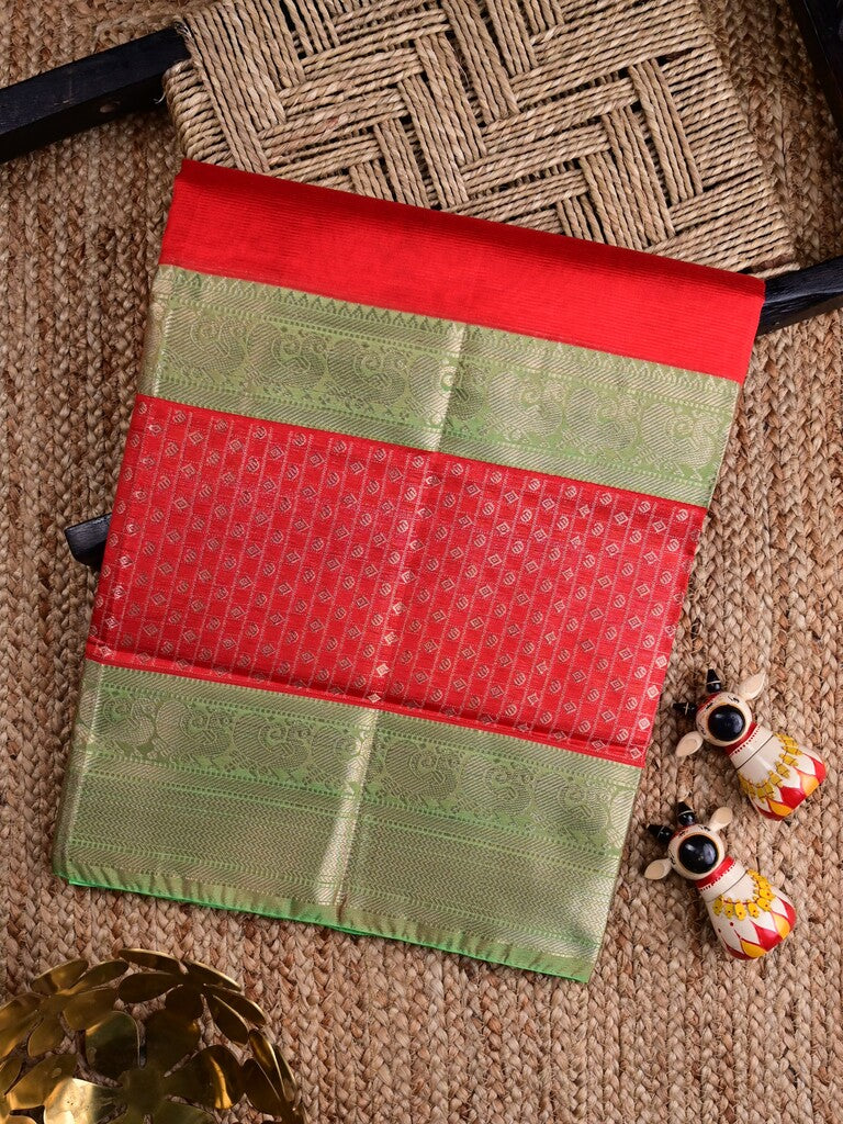 Mangalagiri fancy saree orange color allover plain & zari border with stripes pallu and contrast plain blouse