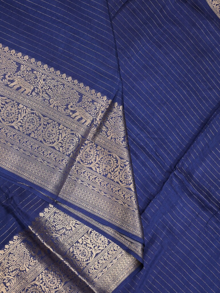 Dola silk fancy saree navy blue color allover stripes & zari border with short pallu and attached contrast blouse