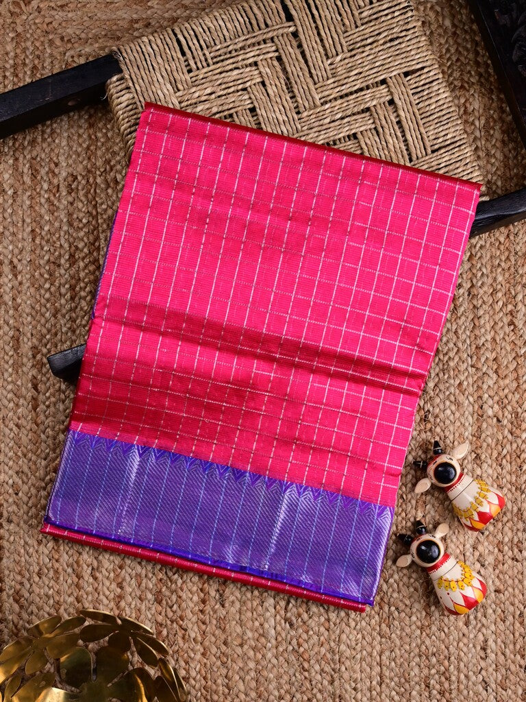 Mangalagiri fancy saree dark pink color allover checks & zari border with stripes pallu and contrast plain blouse