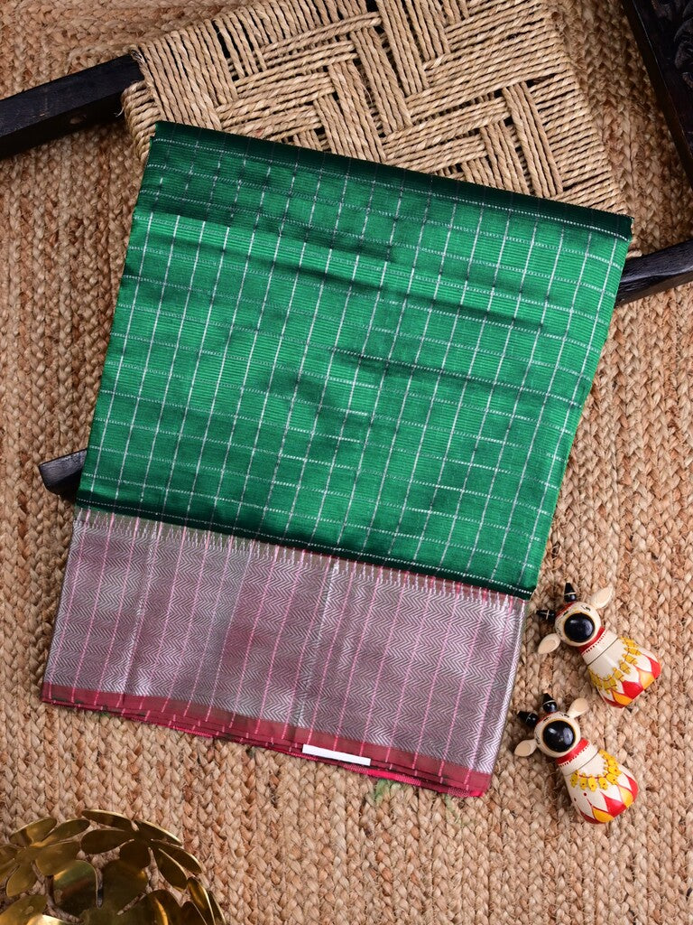 Mangalagiri fancy saree bottle green color allover checks & zari border with stripes pallu and contrast plain blouse