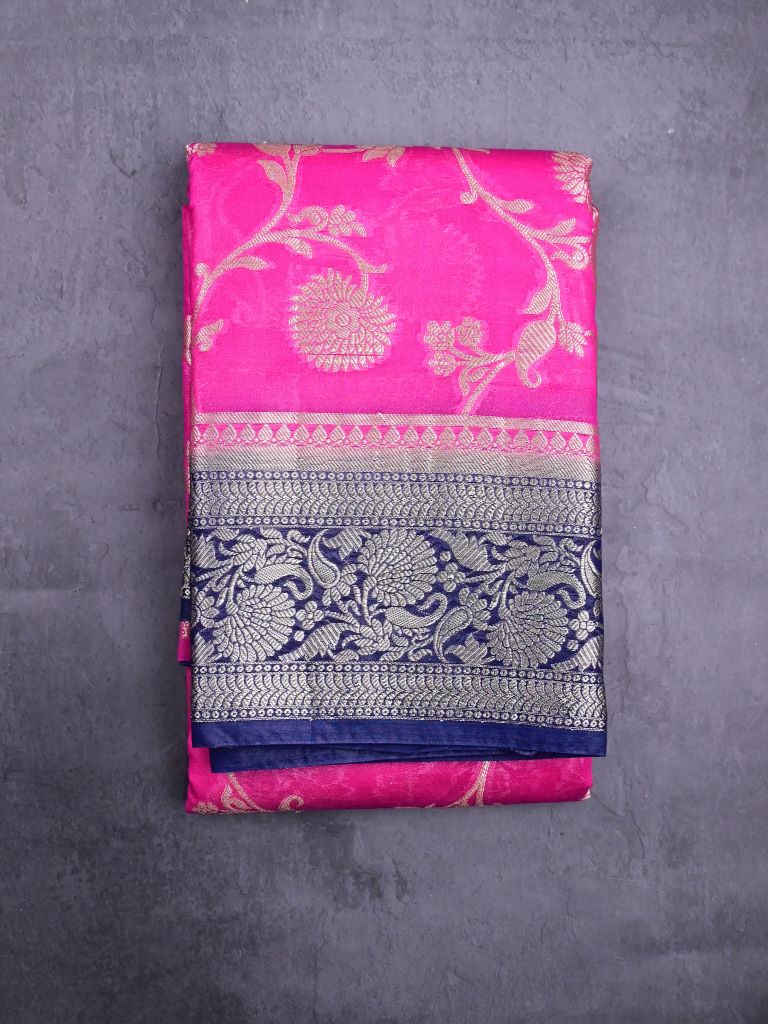 Banaras fancy saree pink color allover zari weaving & zari border with rich pallu and plain contrast blouse