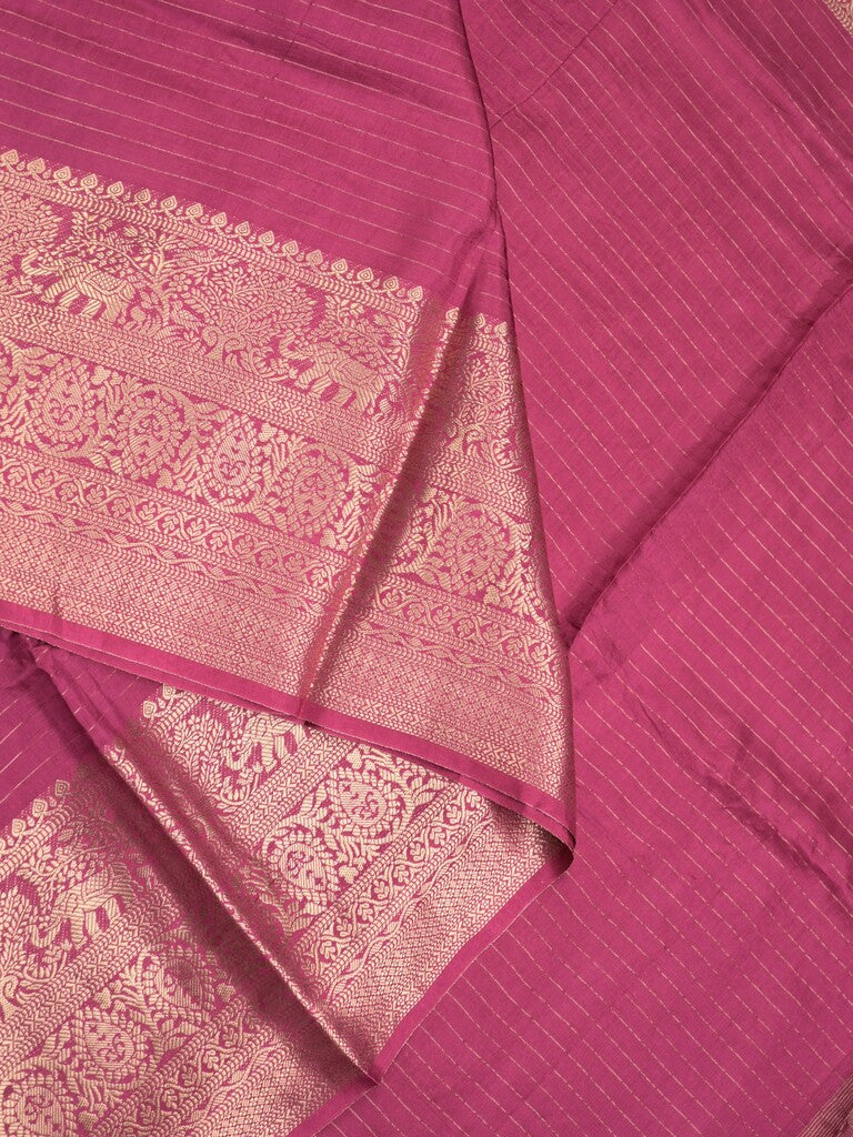 Dola silk fancy saree magenta color allover stripes & zari border with short pallu and attached contrast blouse