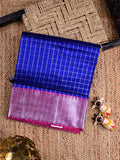 Mangalagiri fancy saree royal blue color allover checks & zari border with stripes pallu and contrast plain blouse