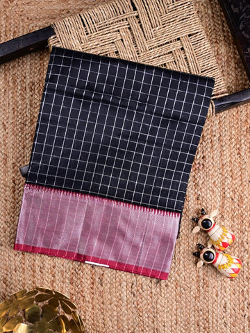 Mangalagiri fancy saree black color allover checks & zari border with stripes pallu and contrast plain blouse