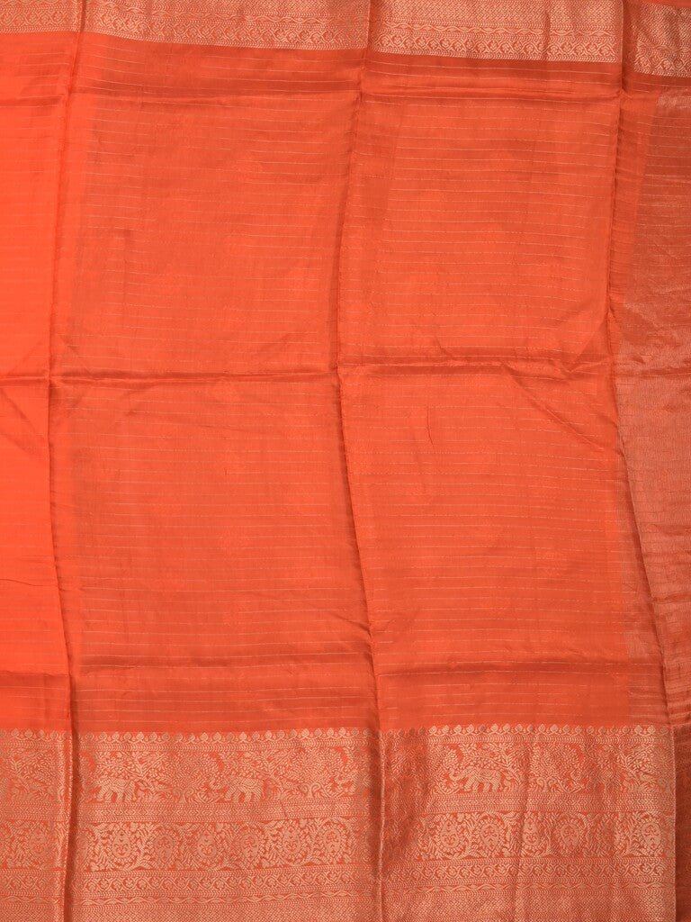 Dola silk fancy saree orange color allover stripes & zari border with short pallu and attached contrast blouse