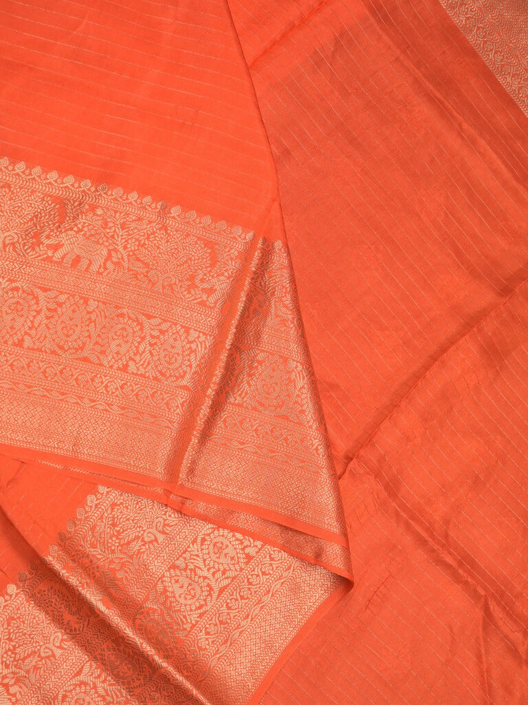 Dola silk fancy saree orange color allover stripes & zari border with short pallu and attached contrast blouse