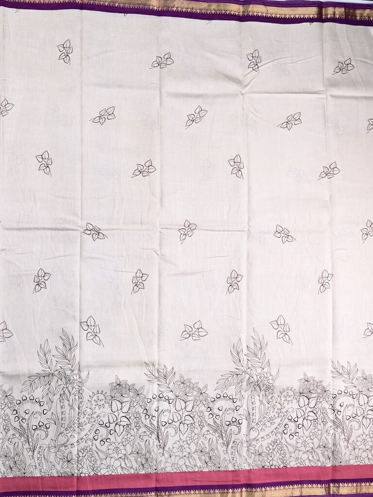 Maheswari fancy saree white color allover prints & zari border with short pallu and plain contrast blouse