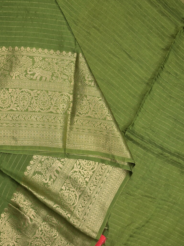Dola silk fancy saree olive green color allover stripes & zari border with short pallu and attached contrast blouse