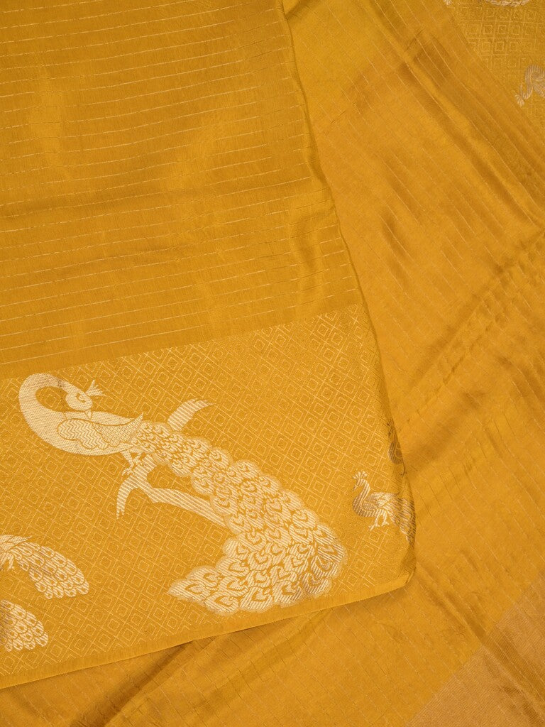 Dola silk fancy saree golden yellow color allover stripes & zari border with short pallu and attached contrast blouse