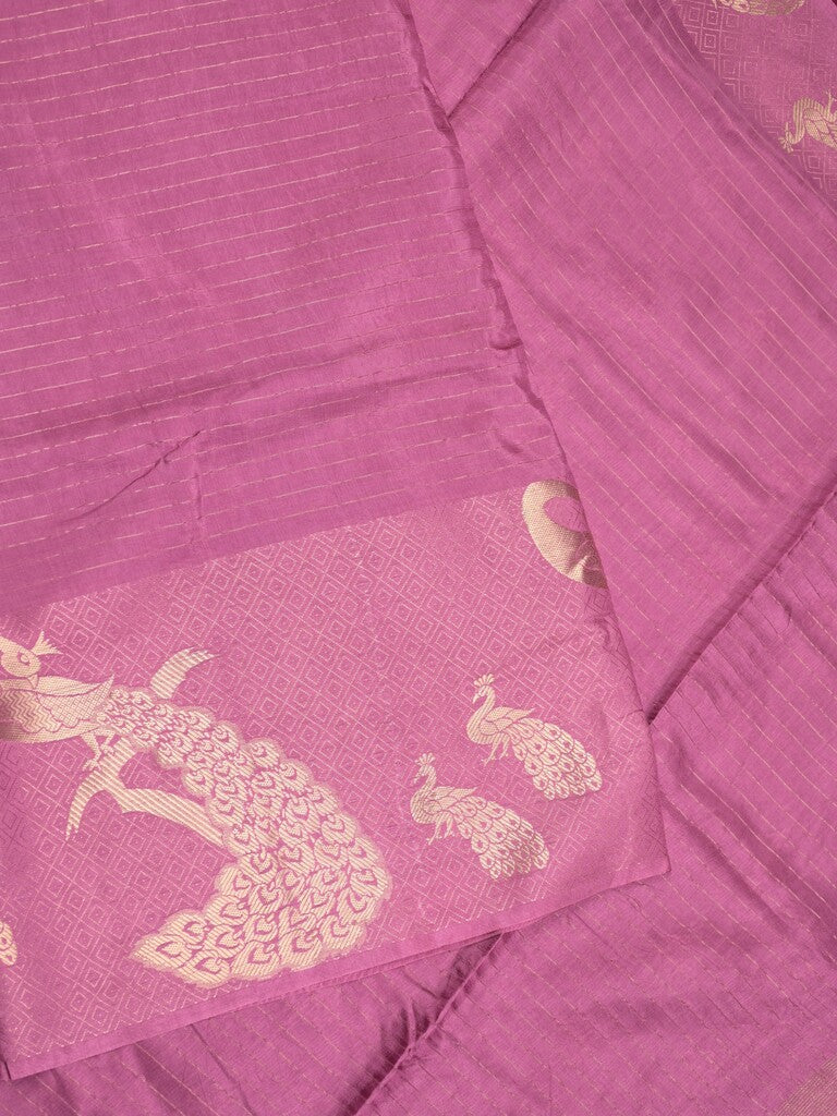Dola silk fancy saree purple color allover stripes & zari border with short pallu and attached contrast blouse