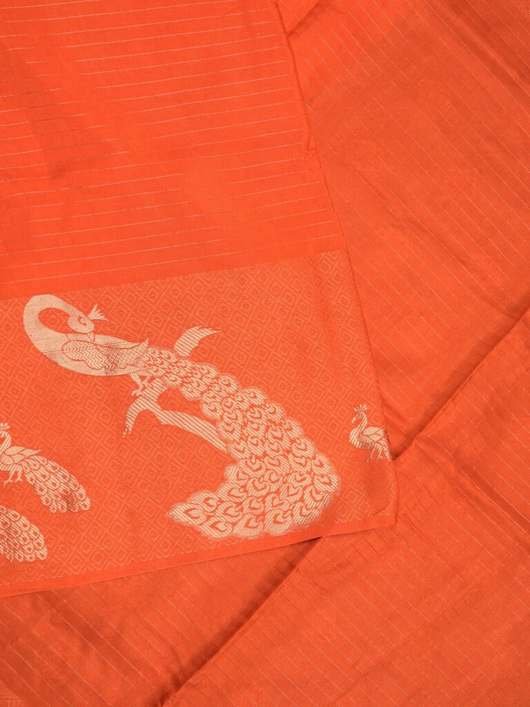 Dola silk fancy saree orange color allover stripes & zari border with short pallu and attached contrast blouse