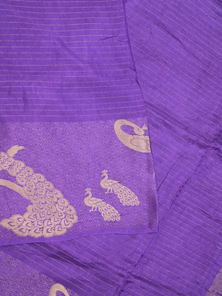 Dola silk fancy saree lavender color allover stripes & zari border with short pallu and attached contrast blouse