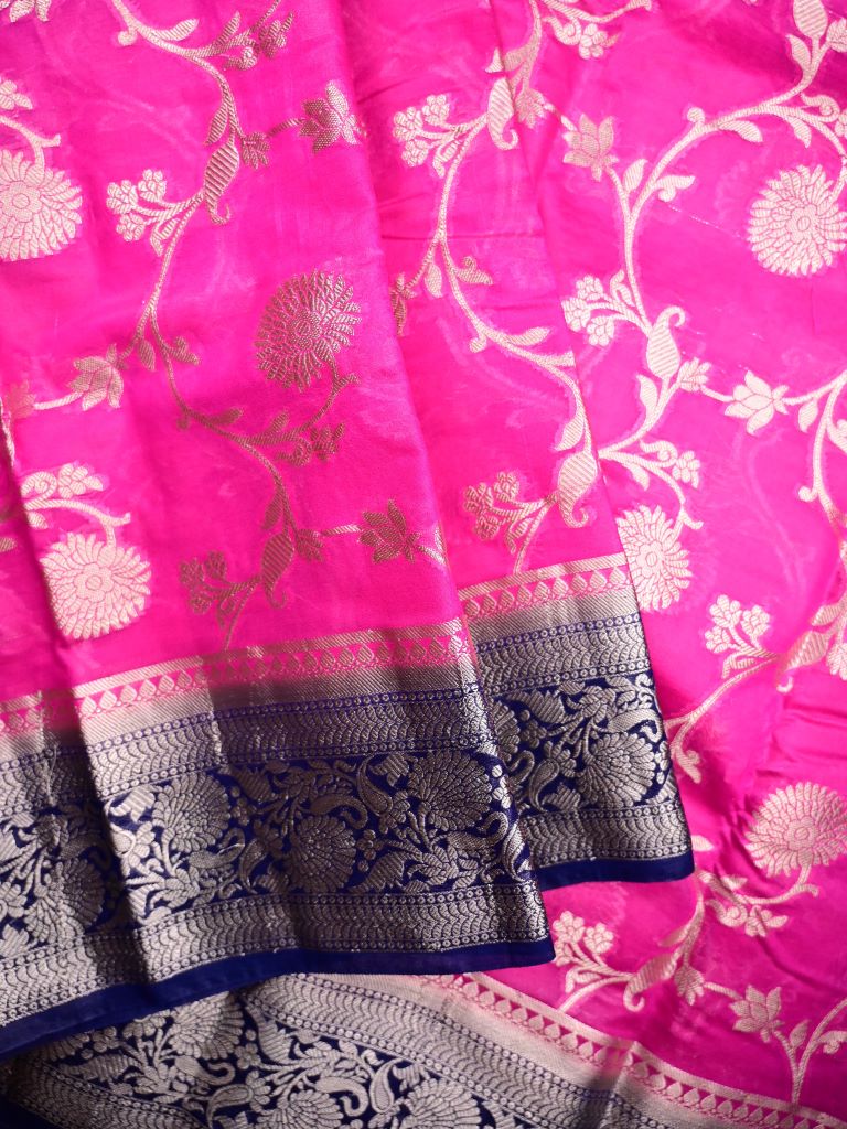 Banaras fancy saree pink color allover zari weaving & zari border with rich pallu and plain contrast blouse