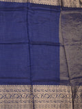 Dola silk fancy saree navy blue color allover stripes & zari border with short pallu and attached contrast blouse