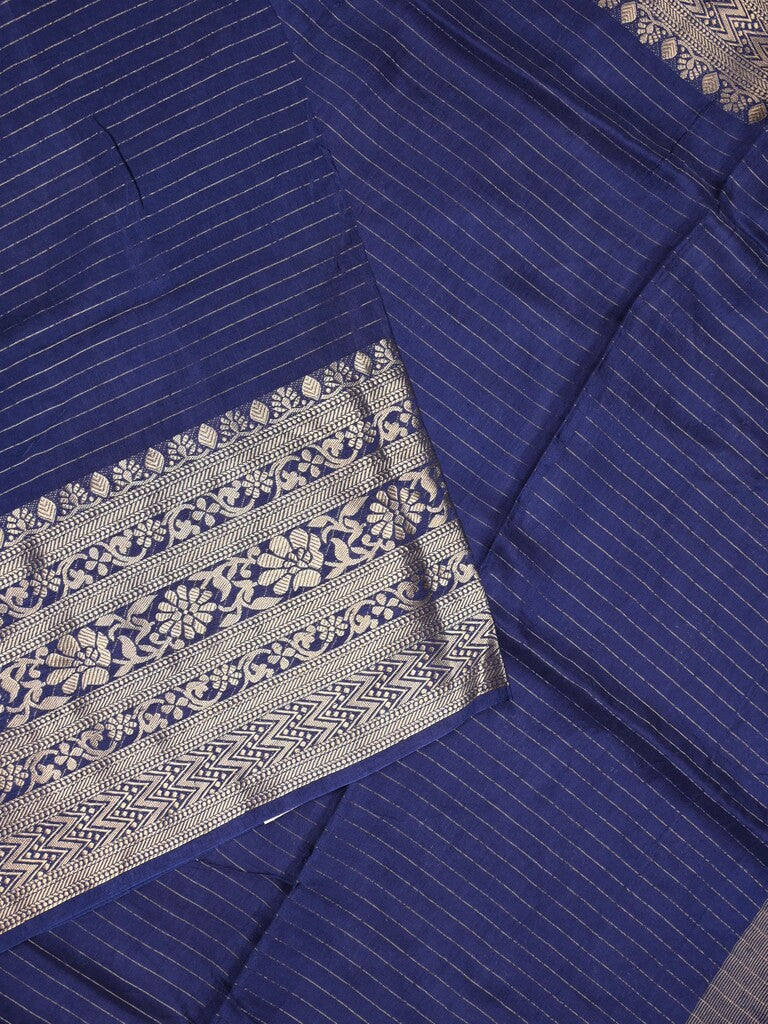 Dola silk fancy saree navy blue color allover stripes & zari border with short pallu and attached contrast blouse