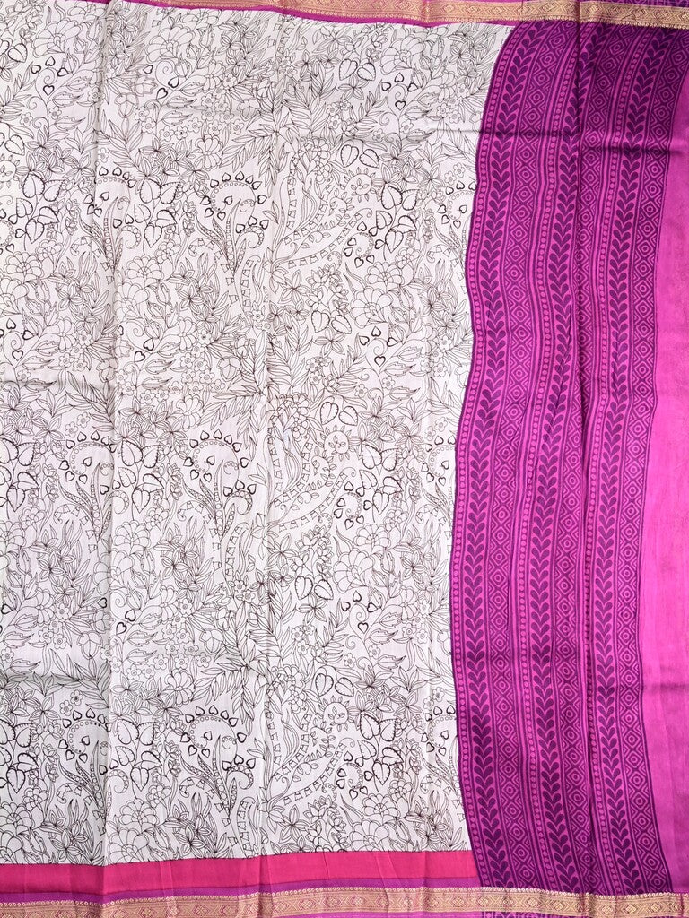 Maheswari fancy saree white color allover prints & zari border with short pallu and plain contrast blouse