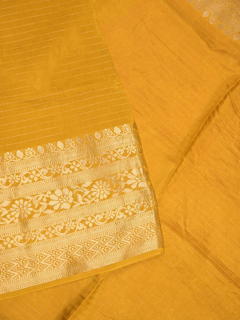 Dola silk fancy saree golden yellow color allover stripes & zari border with short pallu and attached contrast blouse