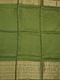 Dola silk fancy saree olive green color allover stripes & zari border with short pallu and attached contrast blouse