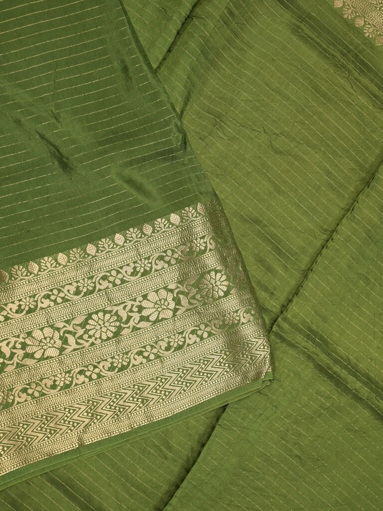 Dola silk fancy saree olive green color allover stripes & zari border with short pallu and attached contrast blouse