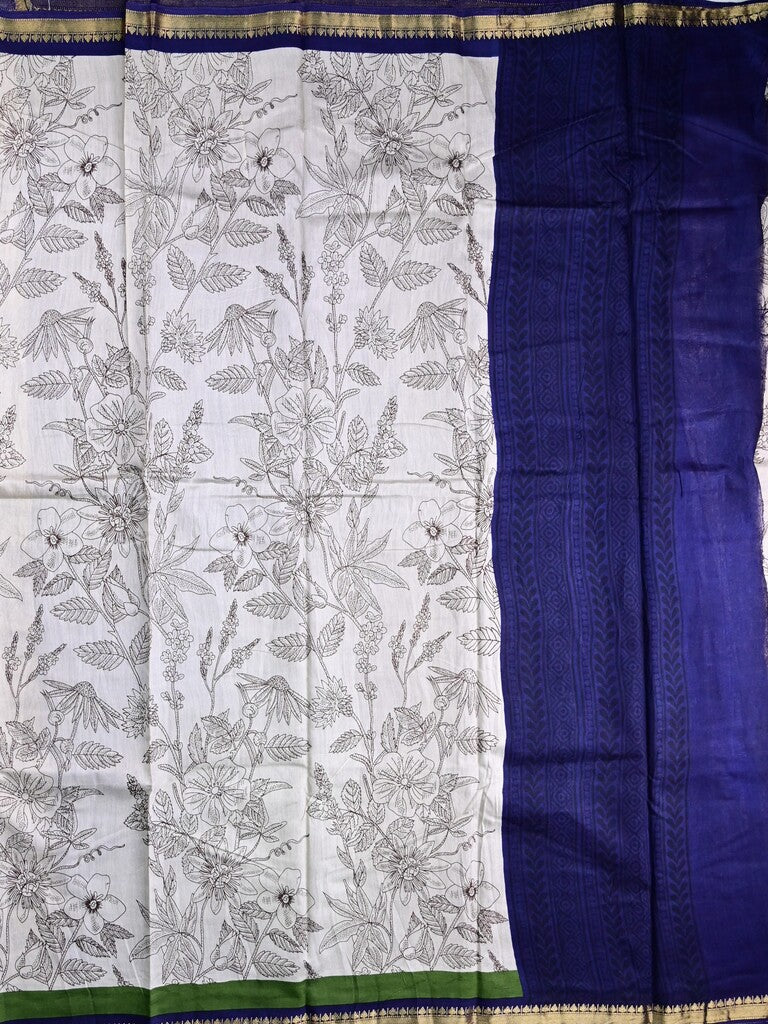 Maheswari fancy saree white color allover prints & zari border with short pallu and plain contrast blouse