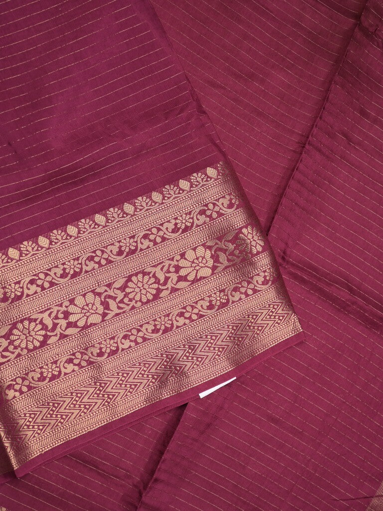 Dola silk fancy saree magenta color allover stripes & zari border with short pallu and attached contrast blouse