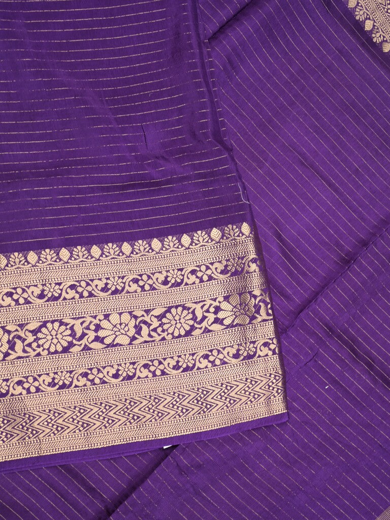 Dola silk fancy saree navy blue color allover stripes & zari border with short pallu and attached contrast blouse