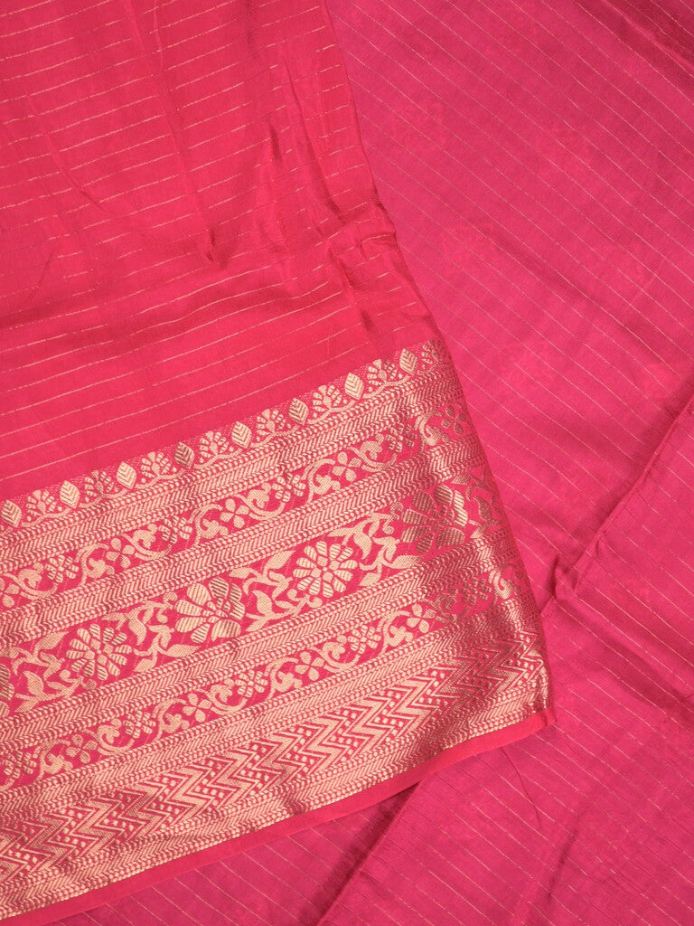 Dola silk fancy saree pink color allover stripes & zari border with short pallu and attached contrast blouse
