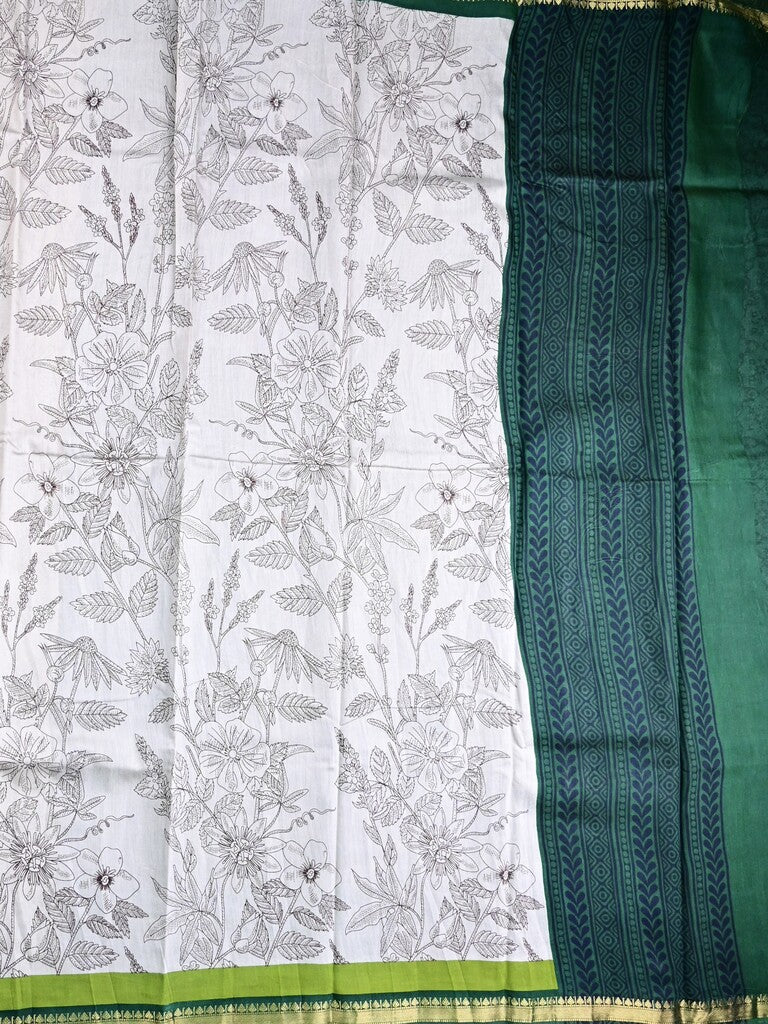 Maheswari fancy saree white color allover prints & zari border with short pallu and plain contrast blouse