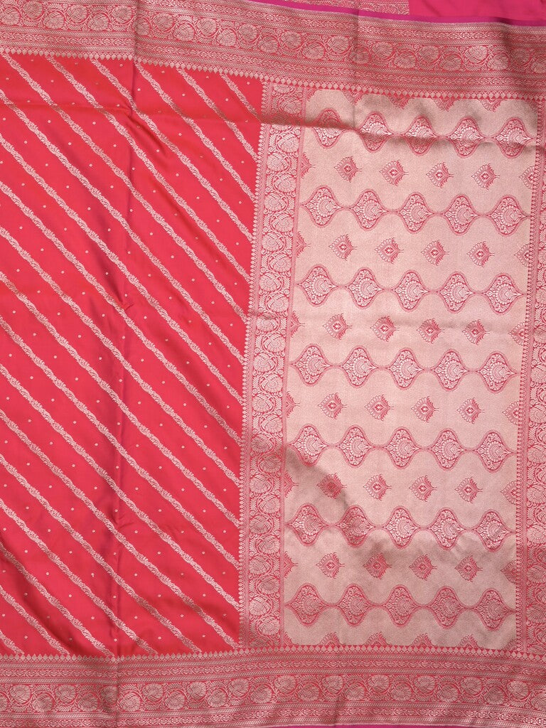 Satin silk fancy saree pink color allover stripes & zari border with rich pallu and attached blouse