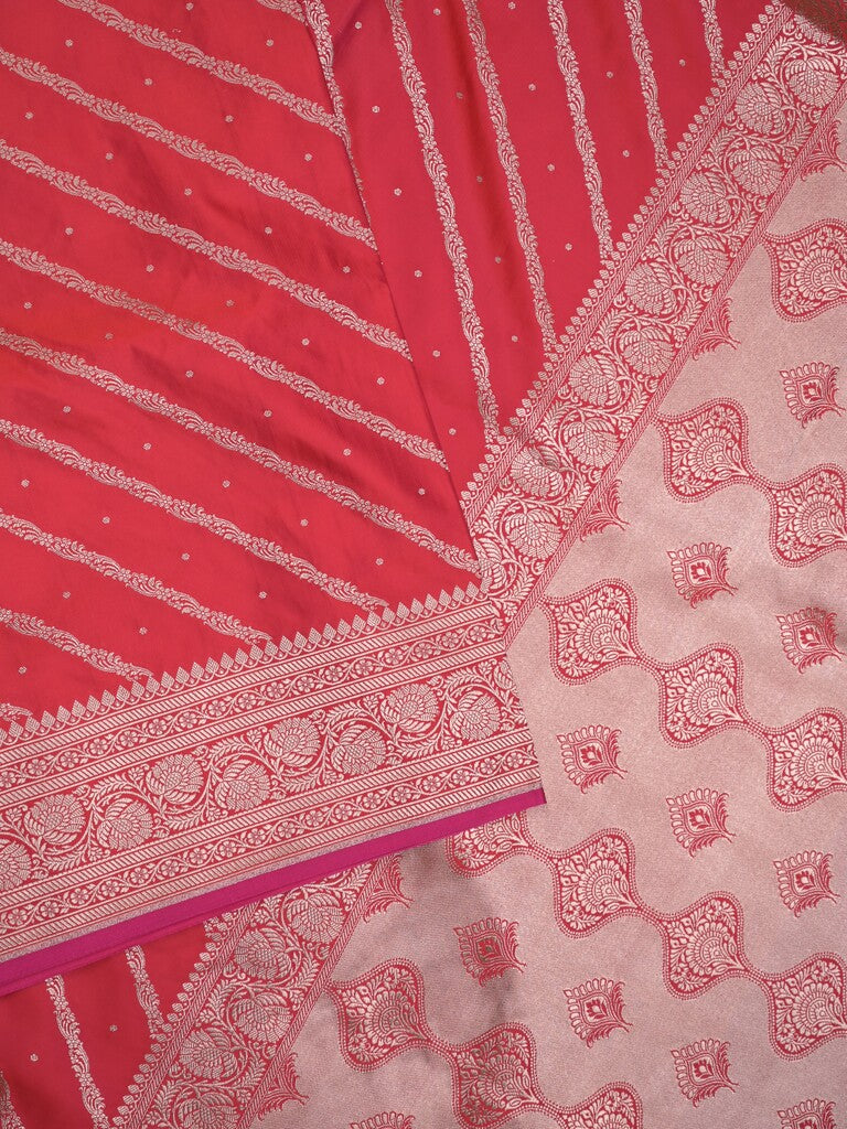 Satin silk fancy saree pink color allover stripes & zari border with rich pallu and attached blouse