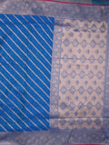 Satin silk fancy saree sky blue color allover stripes & zari border with rich pallu and attached blouse