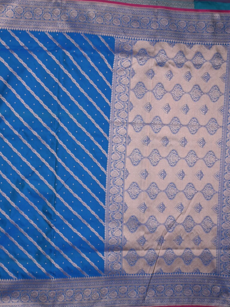 Satin silk fancy saree sky blue color allover stripes & zari border with rich pallu and attached blouse