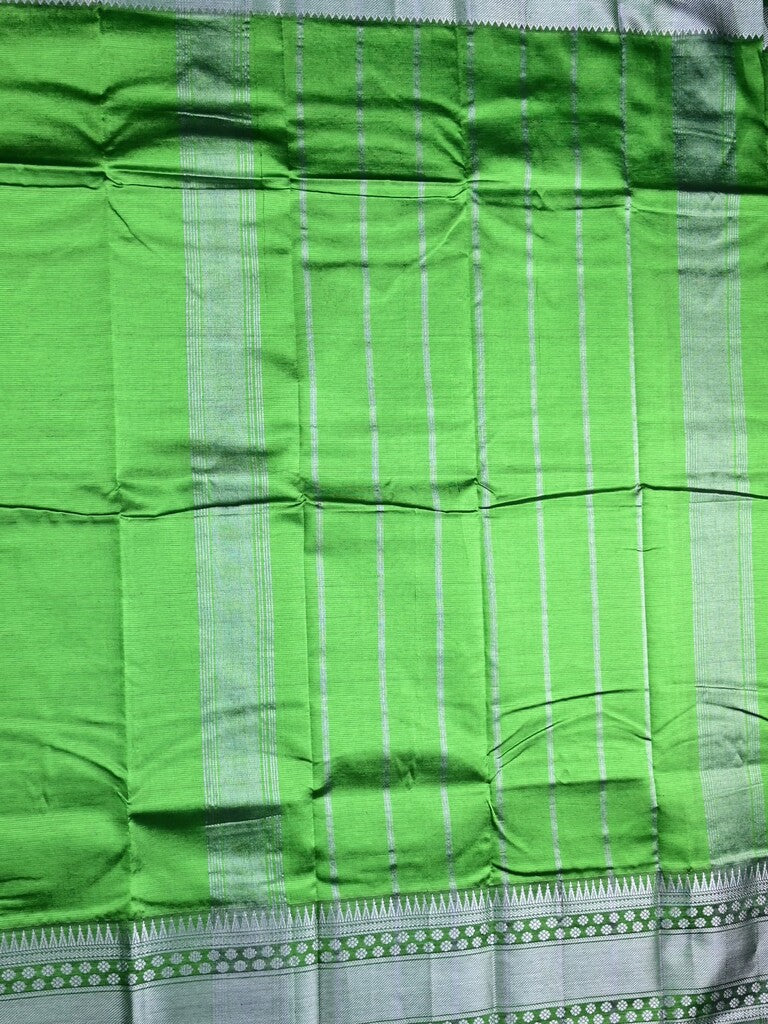 Mangalagiri fancy saree leaf green color allover plain & zari kanchi border with stripes pallu and self blouse