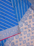 Satin silk fancy saree sky blue color allover stripes & zari border with rich pallu and attached blouse