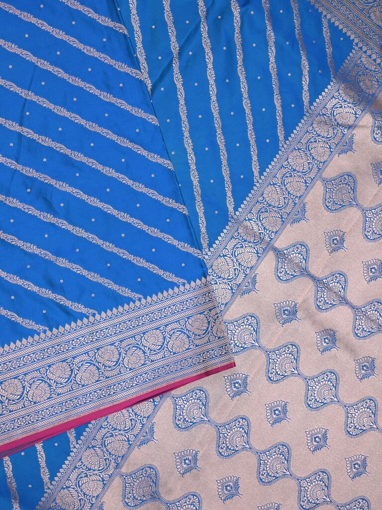 Satin silk fancy saree sky blue color allover stripes & zari border with rich pallu and attached blouse