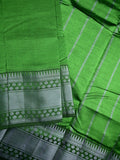 Mangalagiri fancy saree leaf green color allover plain & zari kanchi border with stripes pallu and self blouse