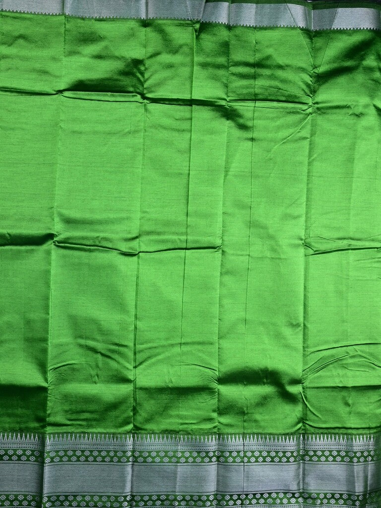 Mangalagiri fancy saree leaf green color allover plain & zari kanchi border with stripes pallu and self blouse