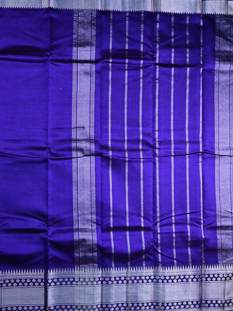 Mangalagiri fancy saree royal blue color allover plain & zari kanchi border with stripes pallu and self blouse