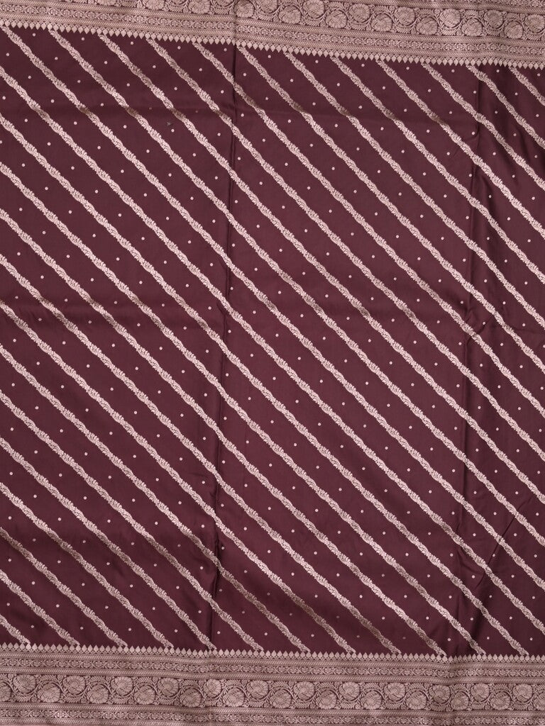 Satin silk fancy saree dark brown color allover stripes & zari border with rich pallu and attached blouse