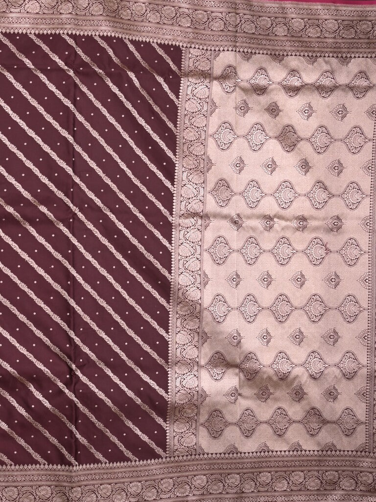 Satin silk fancy saree dark brown color allover stripes & zari border with rich pallu and attached blouse