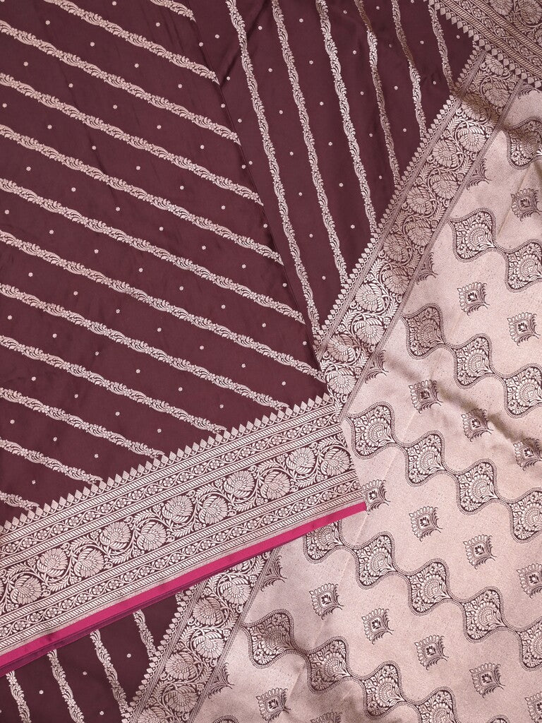 Satin silk fancy saree dark brown color allover stripes & zari border with rich pallu and attached blouse