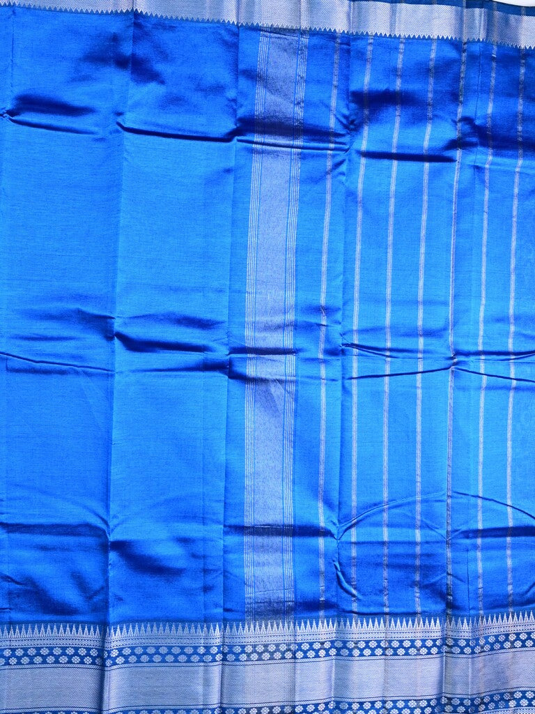 Mangalagiri fancy saree blue color allover plain & zari kanchi border with stripes pallu and self blouse