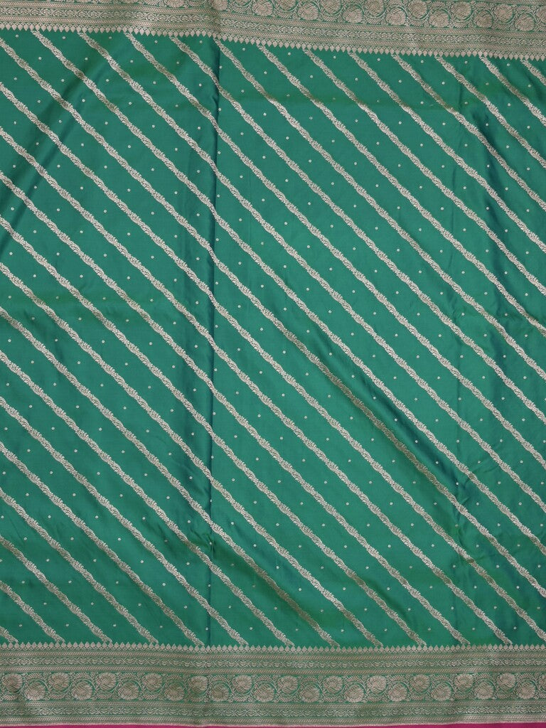 Satin silk fancy saree lux green color allover stripes & zari border with rich pallu and attached blouse