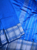 Mangalagiri fancy saree blue color allover plain & zari kanchi border with stripes pallu and self blouse