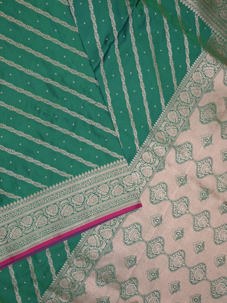 Satin silk fancy saree lux green color allover stripes & zari border with rich pallu and attached blouse