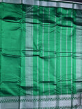 Mangalagiri fancy saree bottle green color allover plain & zari kanchi border with stripes pallu and self blouse