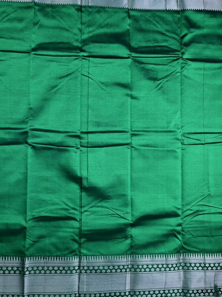 Mangalagiri fancy saree bottle green color allover plain & zari kanchi border with stripes pallu and self blouse