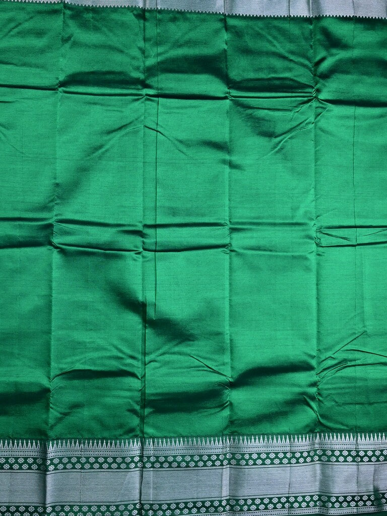 Mangalagiri fancy saree bottle green color allover plain & zari kanchi border with stripes pallu and self blouse